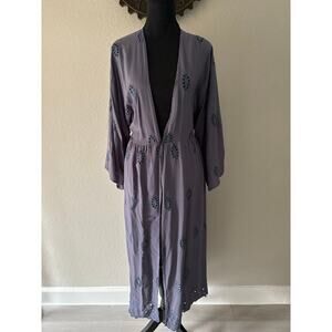 BOHEMIAN Eyelets Coatigan Duster Heather Purple Sz L Artsy Folk Eclectic Country
